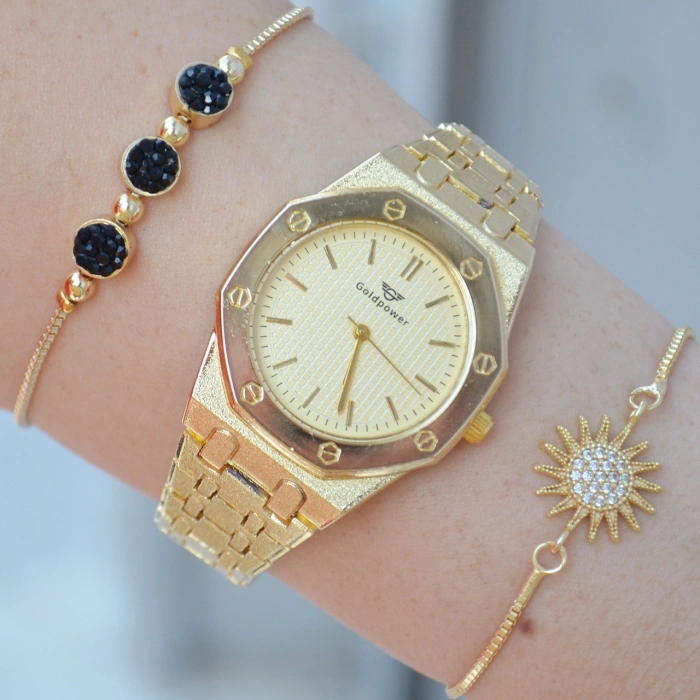 Gold Metal Kordon Kadın Saat Kombini 1521