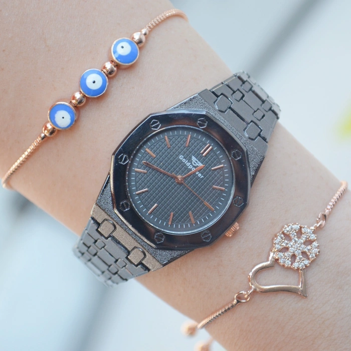 Siyah Metal Kordon Kadın Saat Kombini 1529