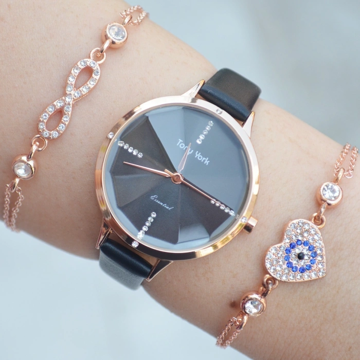 Siyah Deri Kordon Kadın Saat Kombini 1566