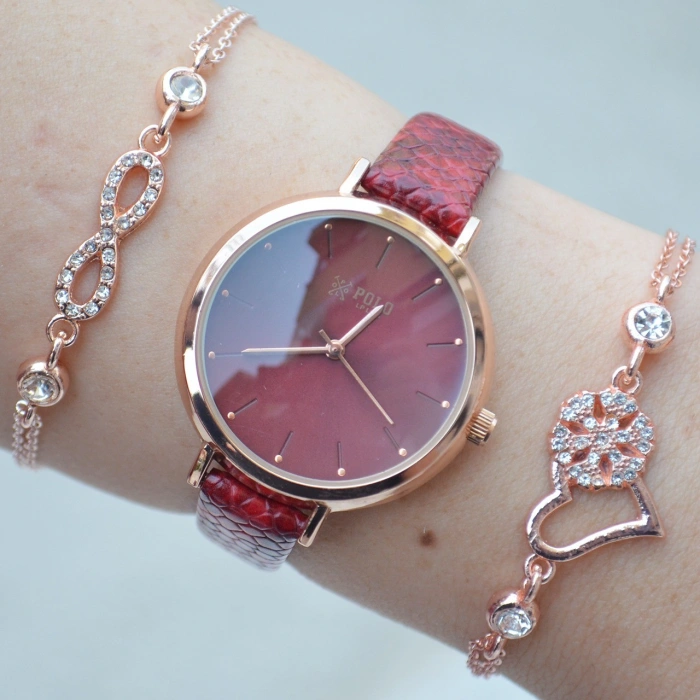 Kırmızı Deri Kordon Kadın Saat Kombini 1596