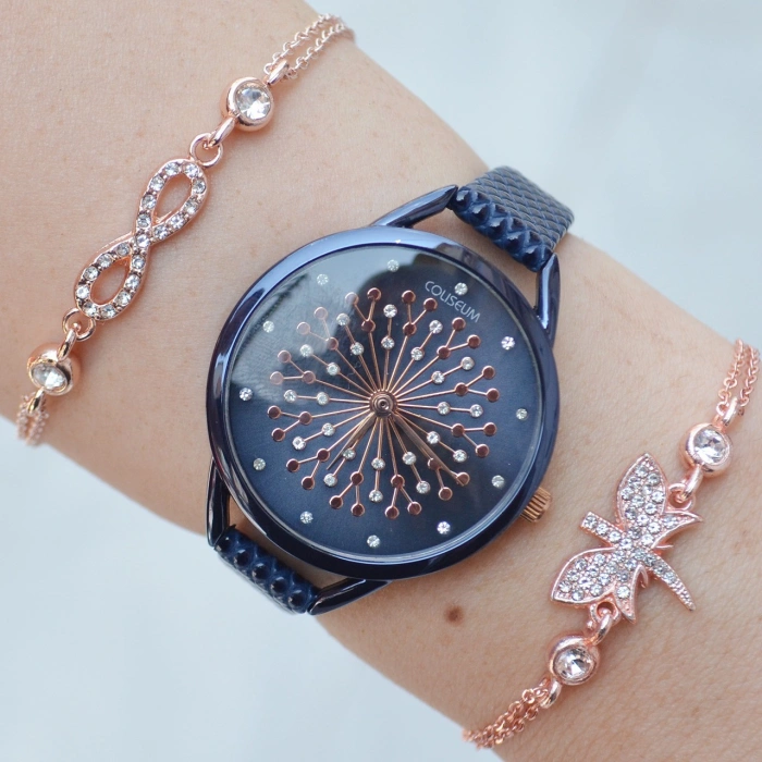 Lacivert Deri Kordon Kadın Saat Kombini 1603