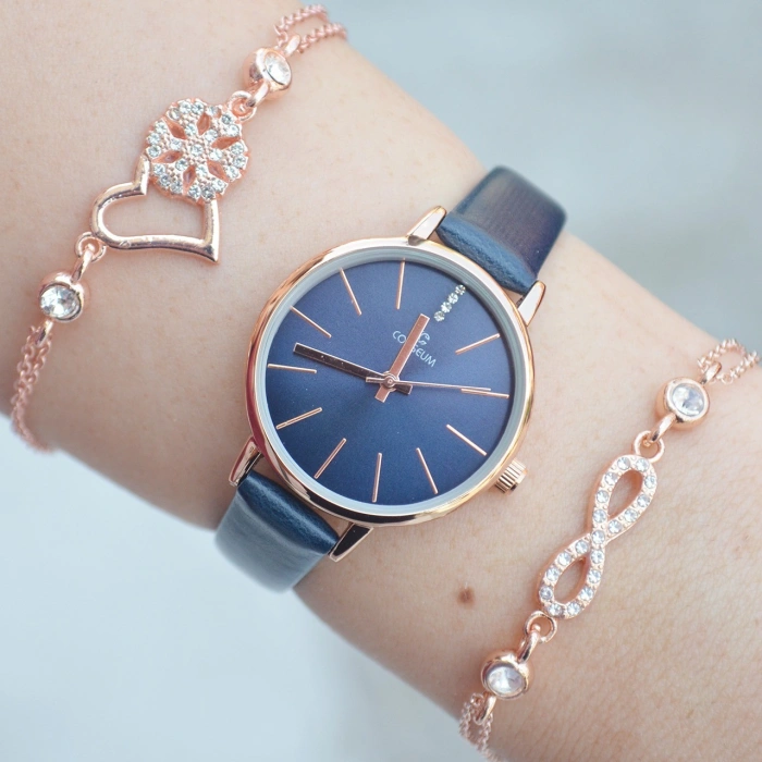 Lacivert Deri Kordon Kadın Saat Kombini 1604