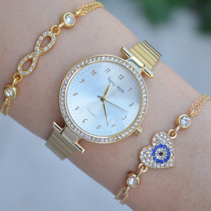 Gold Metal Kordon Kadın Saat Kombini 1607