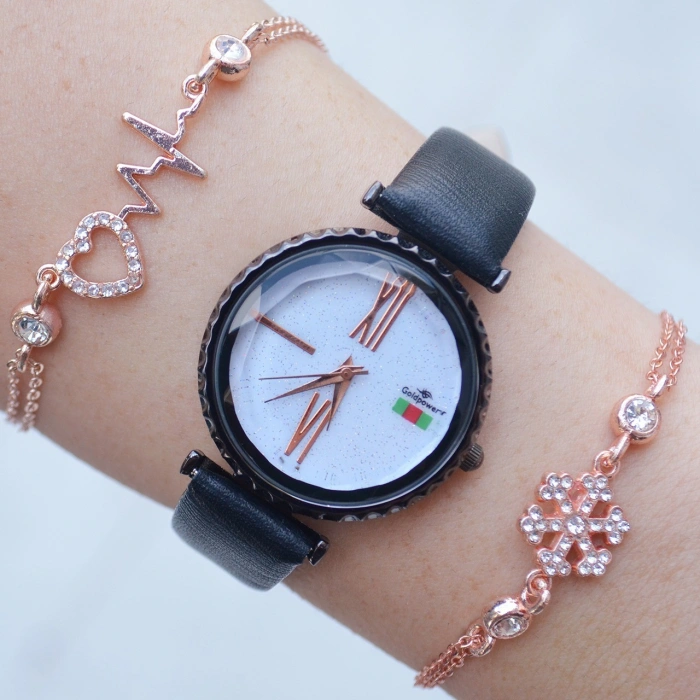 Siyah Deri Kordon Kadın Saat Kombin 1611