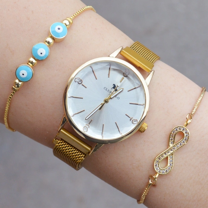 Gold Hasır Mıknatıslı Kordon Kadın Saat Kombini 1675