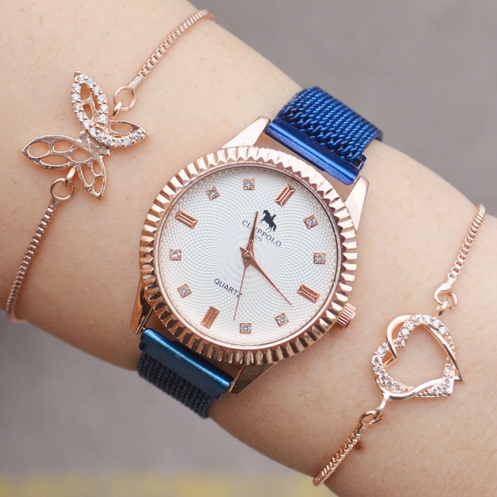 Mavi Hasır Mıknatıslı Kordon Kadın Saat Kombini 1677