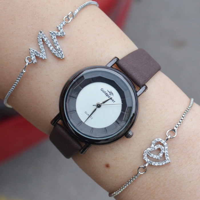 Kahverengi Deri Kordon Kadın Saat Kombini 1678