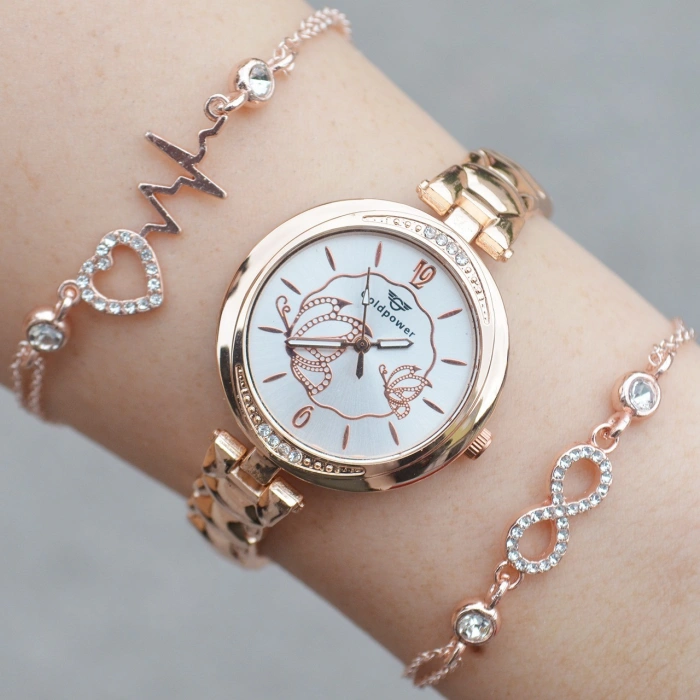 Rosegold Metal Kordon Kadın Saat Kombini 1708