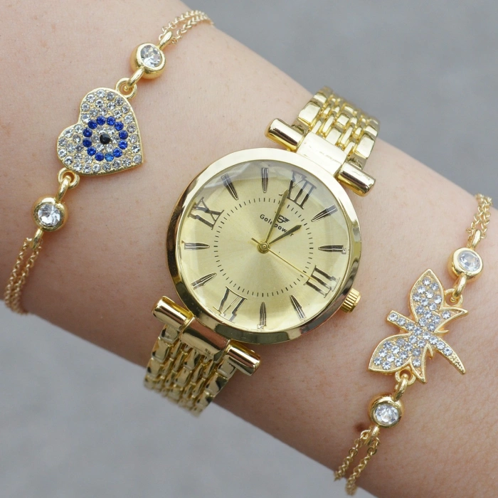 Gold Metal Kordon Kadın Saat Kombini 1710