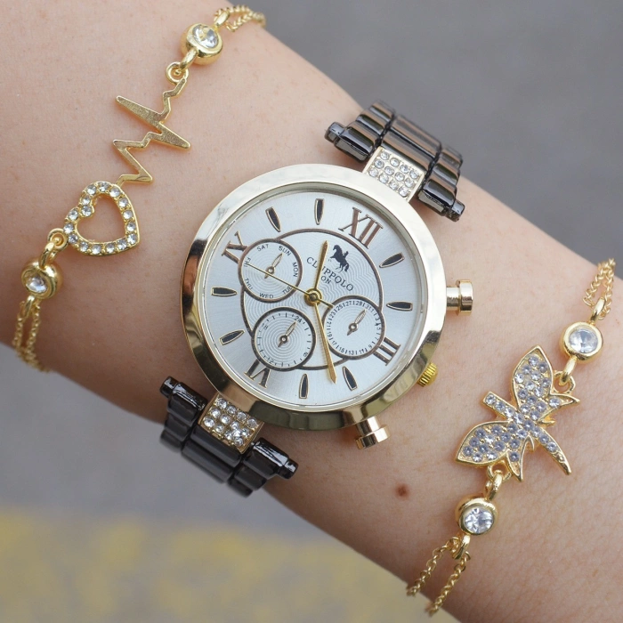 Siyah Metal Kordon Kadın Saat Kombini 1714