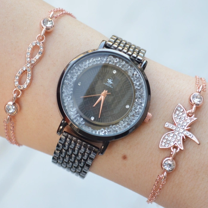 Siyah Metal Kordon Kadın Saat Kombini 1778