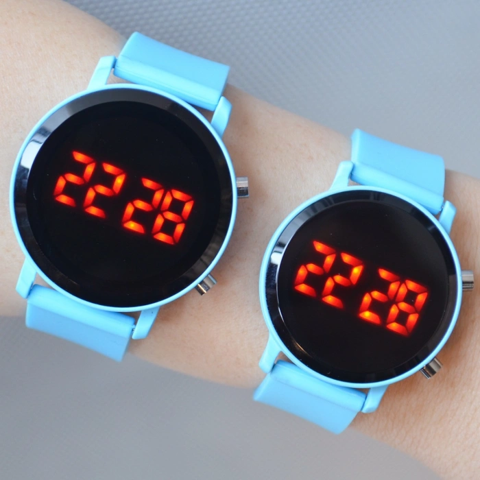 Açık Mavi Silikon Kordon Dijital Çift Saat Kombini 1817