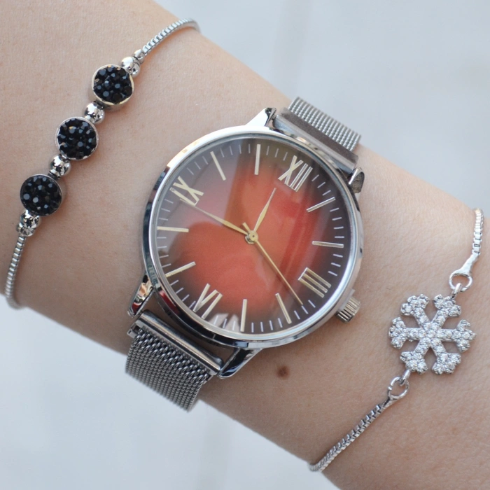 Silver Mıknatıslı Hasır Kordon Kadın Saat Kombini 1947