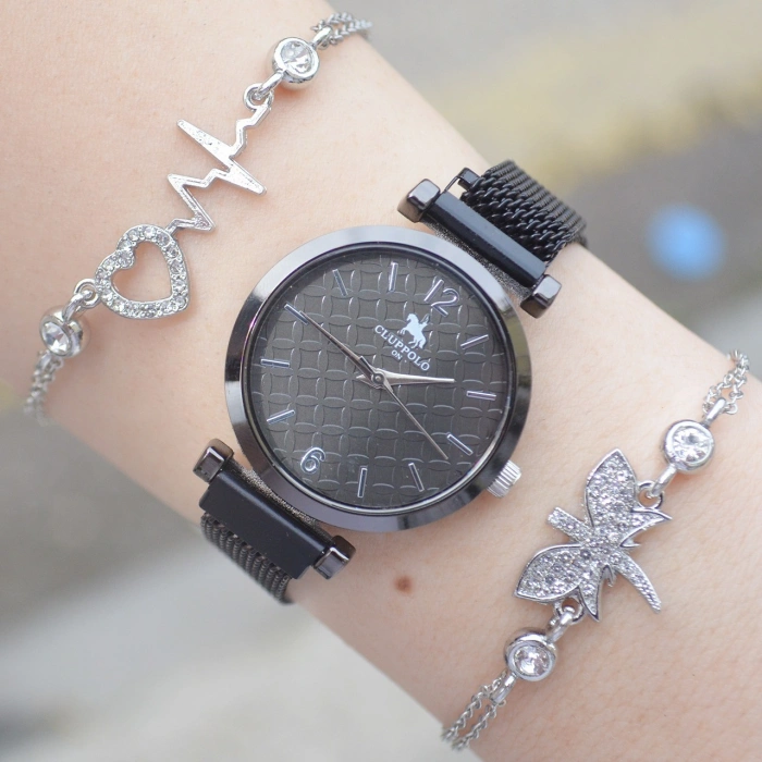 Siyah Hasır Mıknatıslı Kordon Kadın Saat Kombini 2061