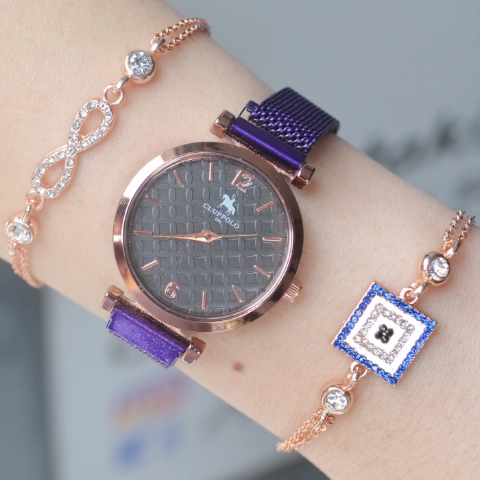 Mor Hasır Mıknatıslı Kordon Kadın Saat Kombini 2064