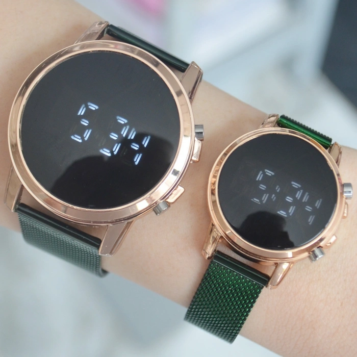 Yeşil Hasır Kordon Dijital Çift Saat Kombini 2077