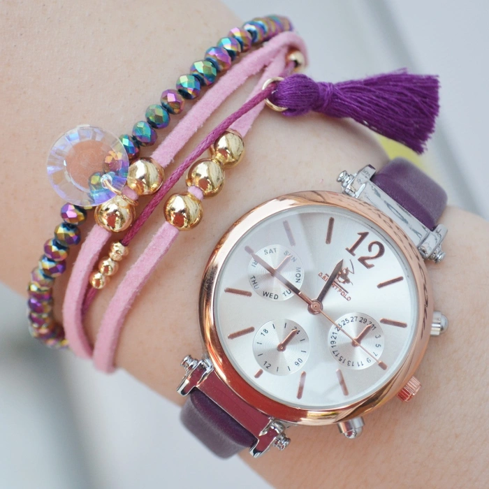 Mor Deri Kordon Kadın Saat Kombini 2123