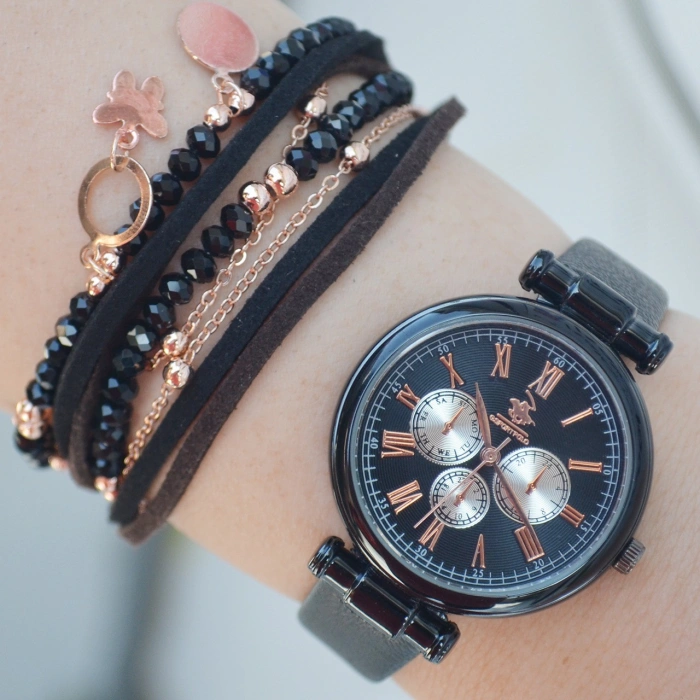 Siyah Deri Kordon Kadın Saat Kombini 2124