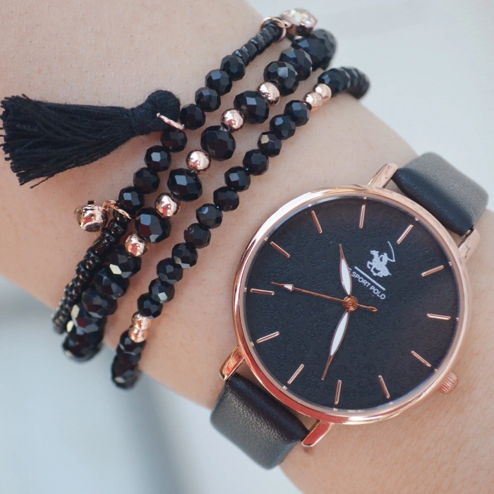 Siyah Deri Kordon Kadın Saat Kombini 2129