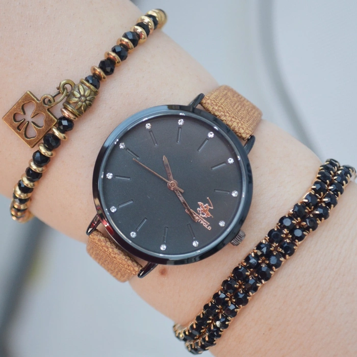 Taba Deri Kordon Kadın Saat Kombini 2130