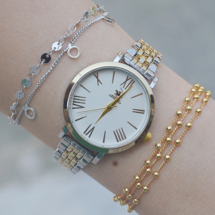 Silver Gold Metal Kordon Kadın Saat Kombini 2172