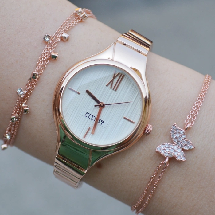 Rosegold Metal Kordon Kadın Saat Kombini 2176