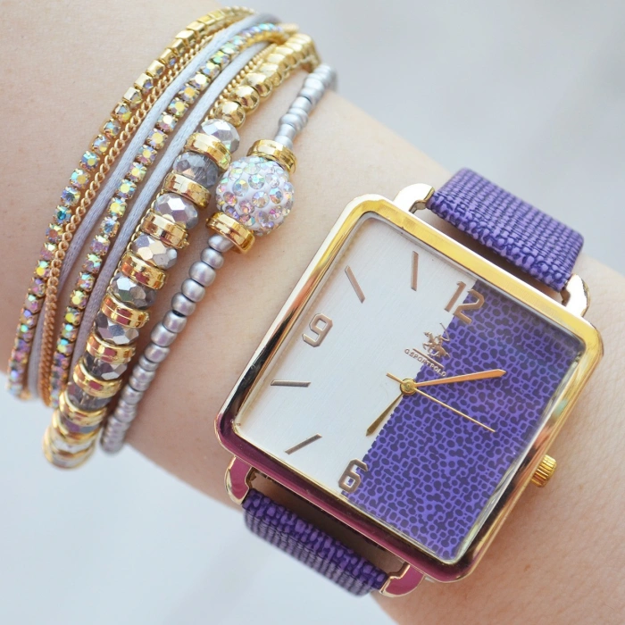 Mor Deri Kordon Kadın Saat Kombini 2206