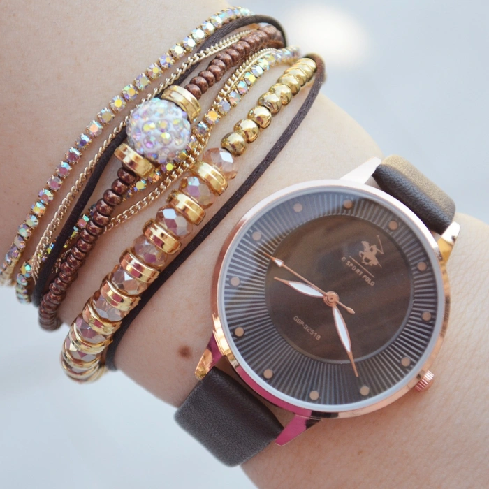 Kahverengi Deri Kordon Kadın Saat Kombini 2209