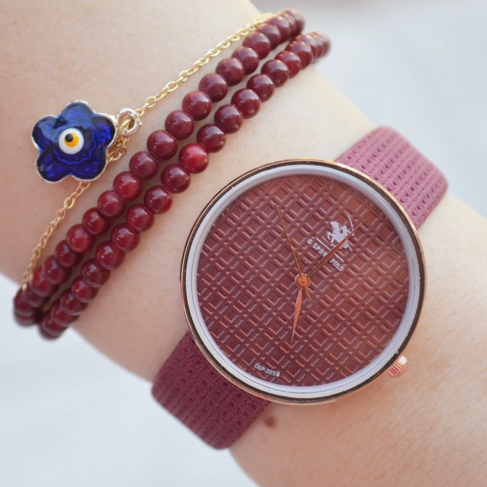 Bordo Deri Kordon Kadın Saat Kombini 2215