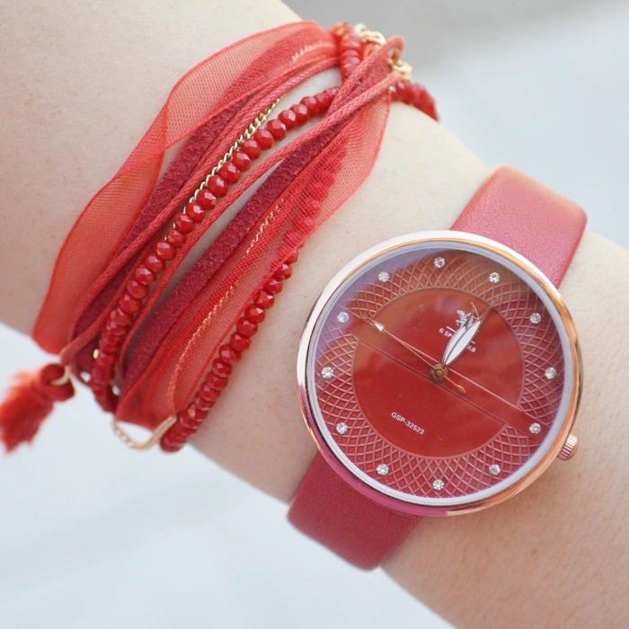 Kırmızı Deri Kordon Kadın Saat Kombini 2216
