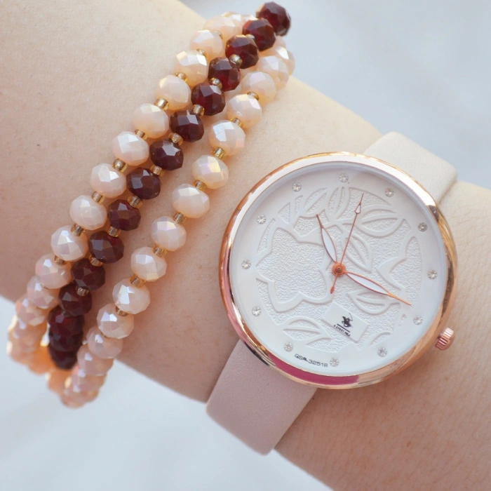 Krem Rengi Deri Kordon Kadın Saat Kombini 2217