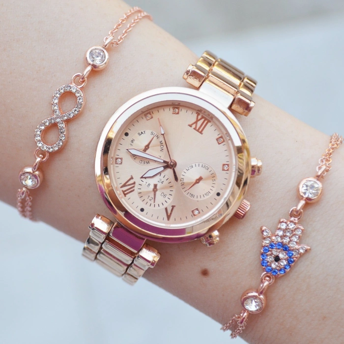 Rosegold Metal Kordon Kadın Saat Kombini 2231