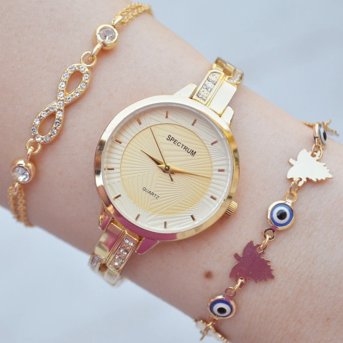 Gold Metal Kordon Kadın Saat Kombini 2235