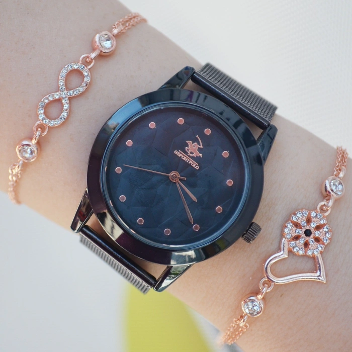 Siyah Hasır Kordon Kadın Saat Kombini 2251