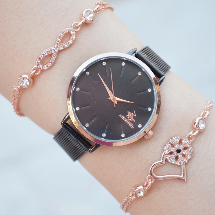 Siyah Hasır Kordon Kadın Saat Kombini 2253