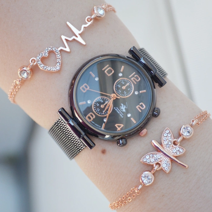 Siyah Hasır Kordon Kadın Saat Kombini 2267