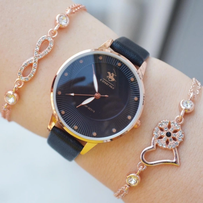 Siyah Deri Kordon Kadın Saat Kombini 2273