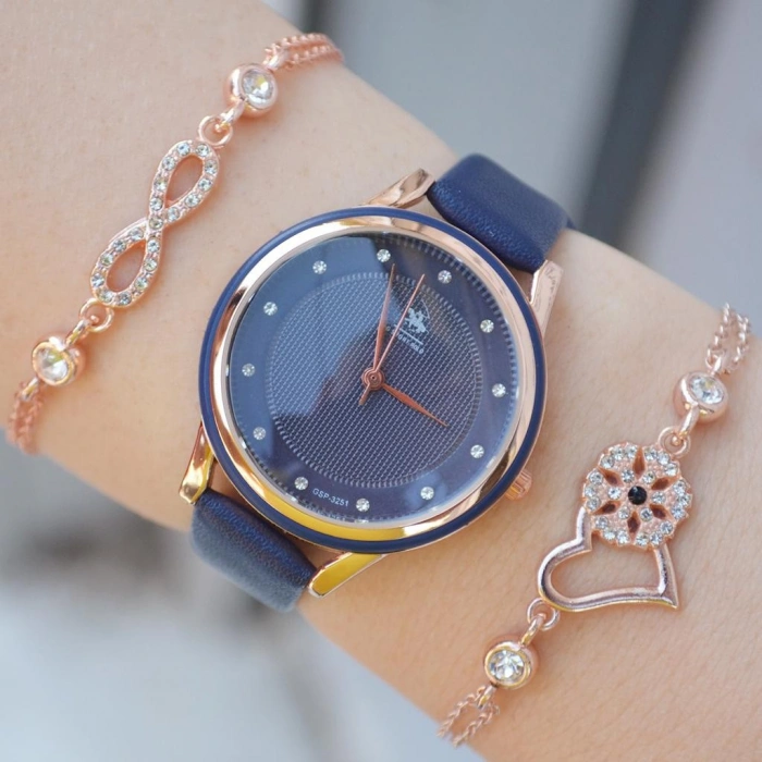 Lacivert Deri Kordon Kadın Saat Kombini 2274