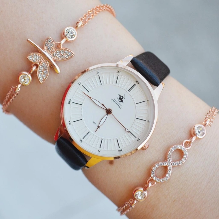 Siyah Deri Kordon Kadın Saat Kombini 2279