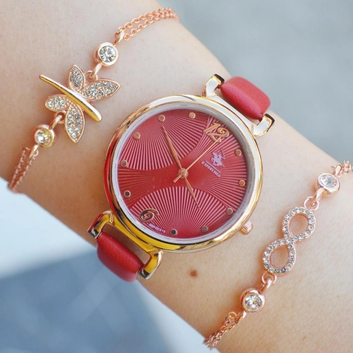 Kırmızı Deri Kordon Kadın Saat Kombini 2282