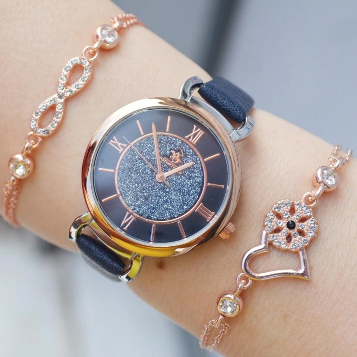 Lacivert Deri Kordon Kadın Saat Kombini 2284