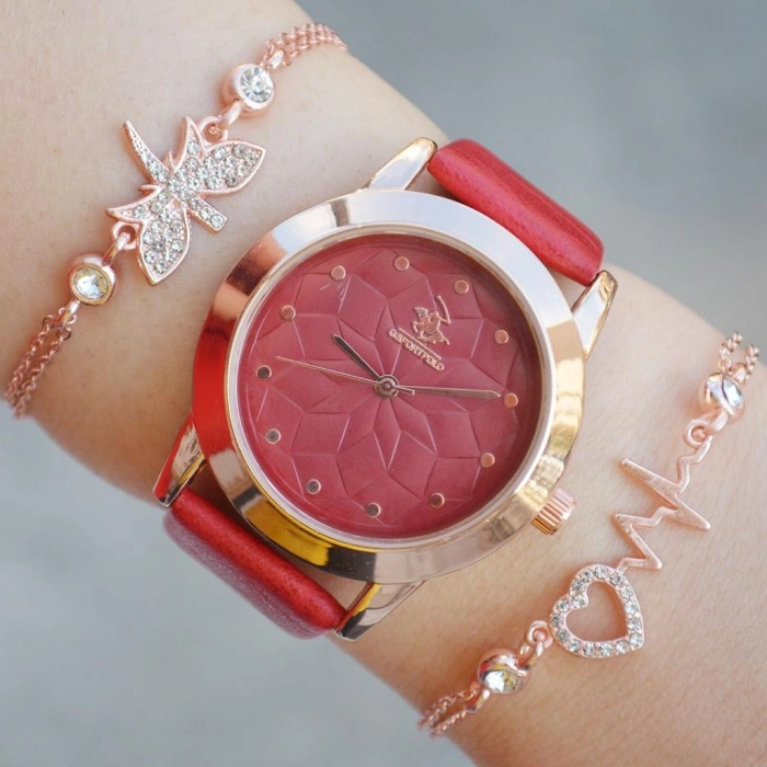 Kırmızı Deri Kordon Kadın Saat Kombini 2290