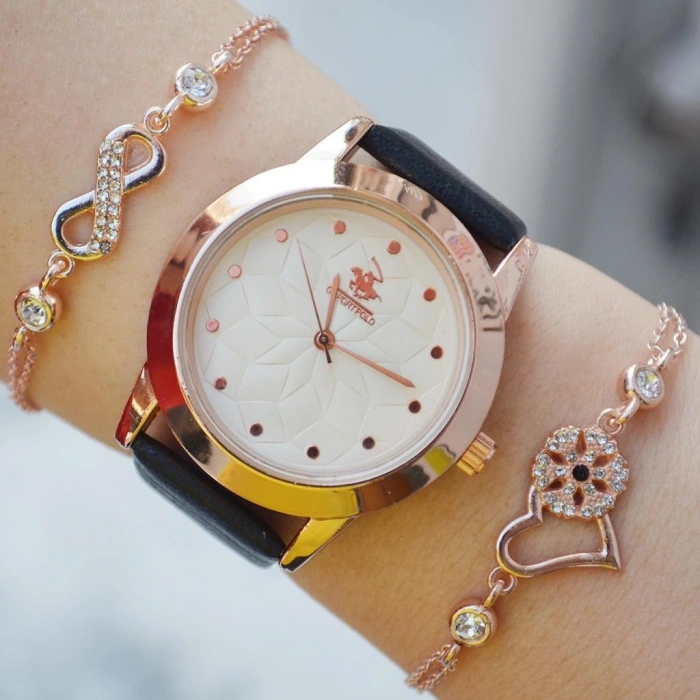 Siyah Deri Kordon Kadın Saat Kombini 2291