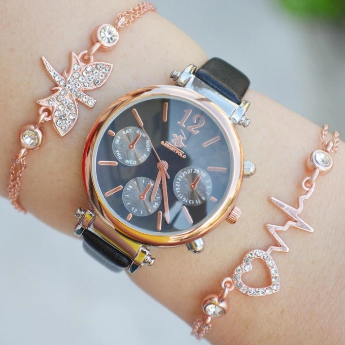 Siyah Deri Kordon Kadın Saat Kombini 2293