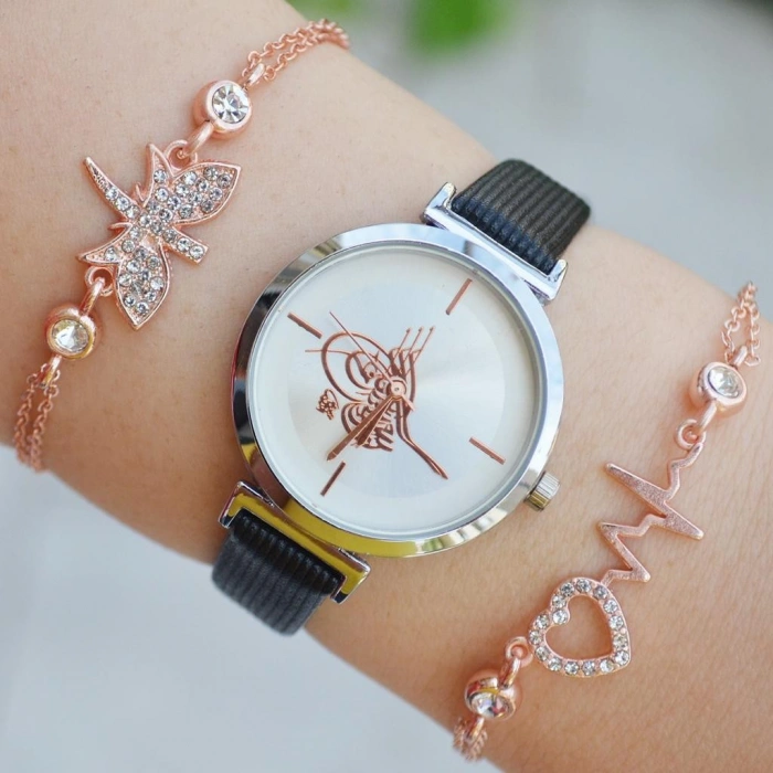 Siyah Deri Kordon Kadın Saat Kombini 2295