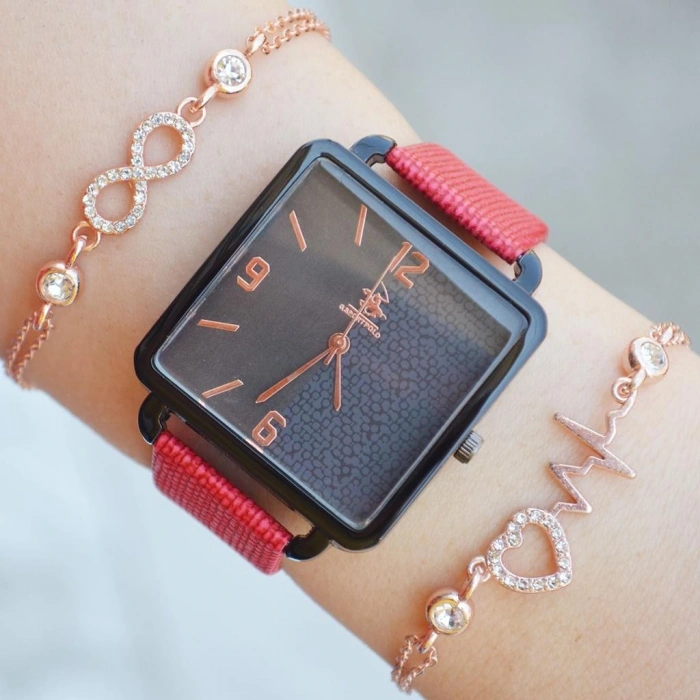 Kırmızı Deri Kordon Kadın Saat Kombini 2297