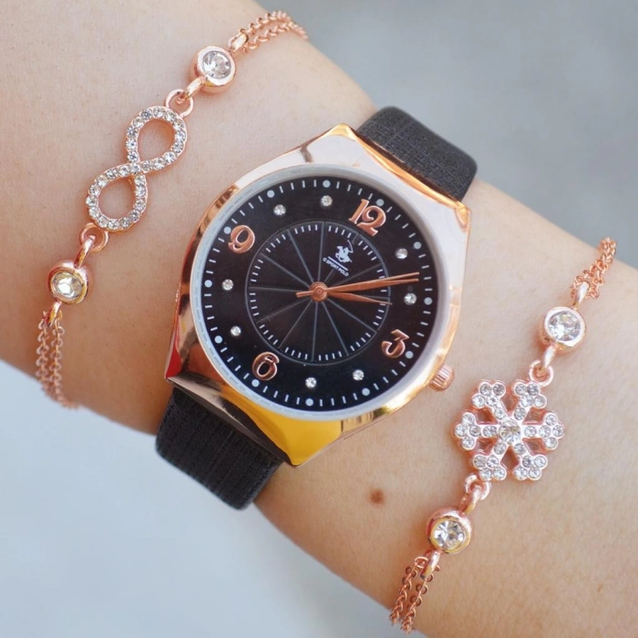 Siyah Deri Kordon Kadın Saat Kombini 2298