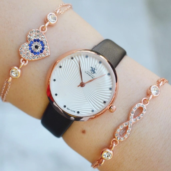 Siyah Deri Kordon Kadın Saat Kombini 2304