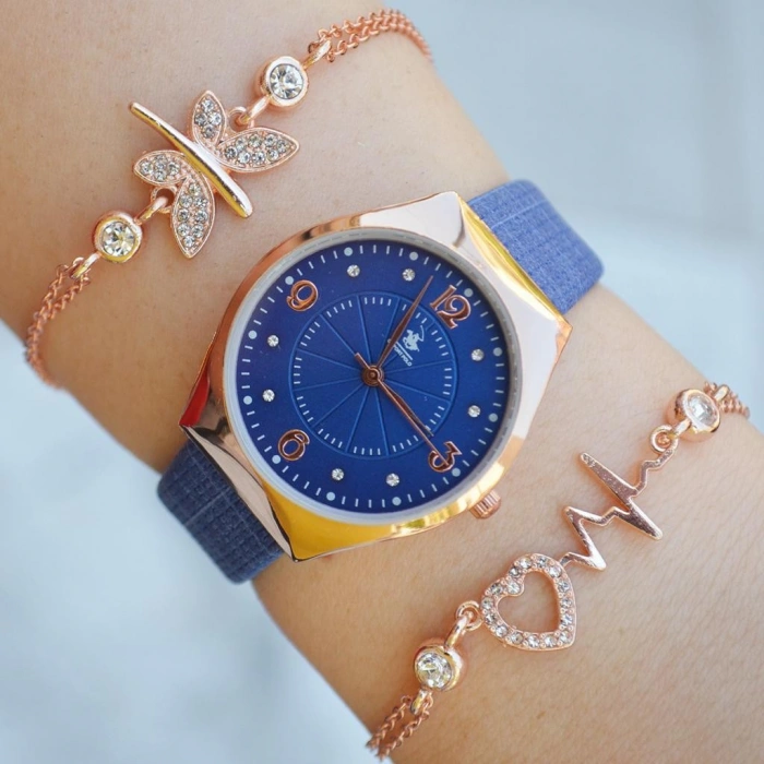 Mavi Deri Kordon Kadın Saat Kombini 2305