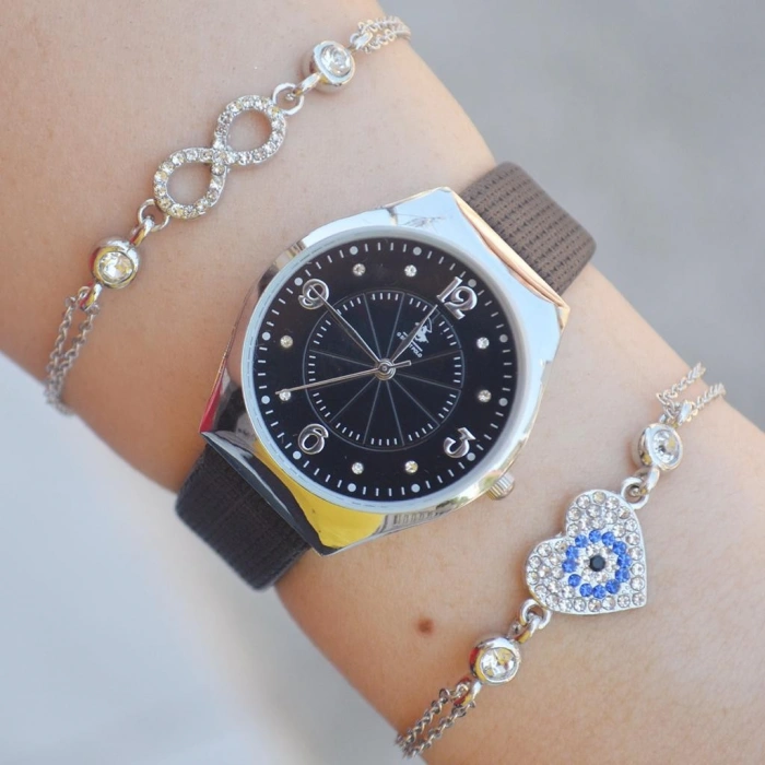 Siyah Deri Kordon Kadın Saat Kombini 2310